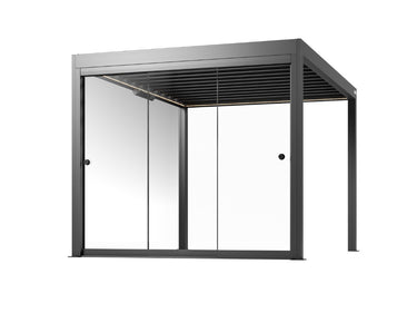 Render di una pergola antracite con pareti in vetro scorrevoli con telaio da 3 m e maniglie tonde nere