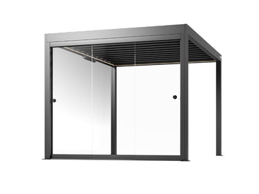 Render di una pergola antracite con pareti in vetro scorrevoli senza telaio da 3 m, vista angolare