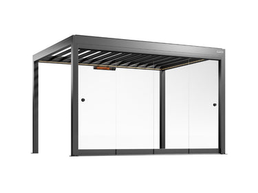 Render di una pergola antracite con pareti in vetro scorrevoli senza telaio da 4 m, vista d'angolo
