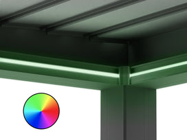 Angolo del telaio con luce LED RGB verde lungo la trave e cerchio dei colori che indica la tinta regolabile