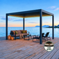 Pergola bioclimatica PERGOLUX Pergola 4 Pro antracite con LED bianchi accesi e badge LED gratis compatto, su un pontile in legno sul mare al crepuscolo.